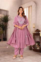 Dusty Rose Pleated Anarkali Set with Mirror Work Embroidery