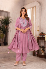 Dusty Rose Pleated Anarkali Set with Mirror Work Embroidery