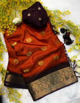 Rust Orange & Coffee Brown Banarasi Silk Saree with Peacock Butti