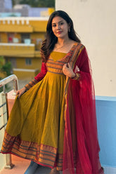 Mustard Gold Handloom Anarkali Gown with Maroon Banarasi Borders