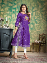 Royal Purple Bandhani Print A-Line Kurta with Peacock Embroidery