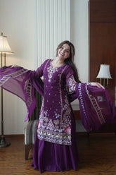 Grape Wine Georgette Sharara Set with Vibrant Floral Resham Work