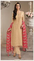 Champagne Gold Silk Jacquard Kurta Set with Striped Organza Dupatta