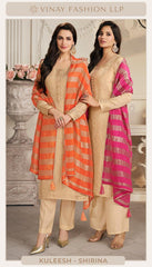 Champagne Gold Silk Jacquard Kurta Set with Striped Organza Dupatta