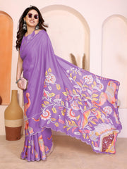Lavender Silk Saree with Floral Kalamkari Prints & Scalloped Border