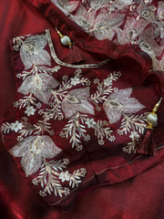 Deep Wine Organza Saree with Sequin Floral Embroidery