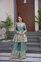 Seafoam Green Silk Chanderi Sharara Set with Heavy Gota Patti Work