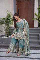 Seafoam Green Silk Chanderi Sharara Set with Heavy Gota Patti Work