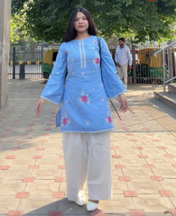 Sky Blue Floral Embroidered Kurti Set