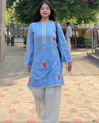 Sky Blue Floral Embroidered Kurti Set