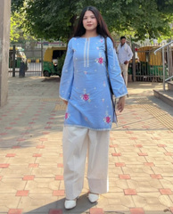 Sky Blue Floral Embroidered Kurti Set