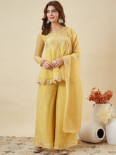 Mustard Georgette Peplum Sharara Set with Silver Zari Embroidery