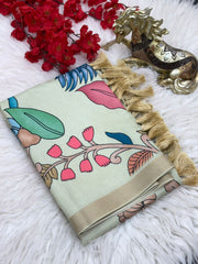 Soft Silk Saree with Kalamkari Floral Prints & Golden Tassels