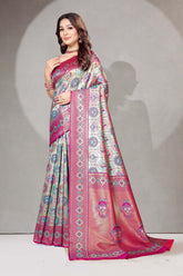 Multi-Color Patola Silk Saree with Rani Pink Zari Border