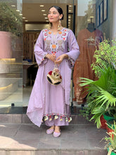 Lavender Silk Chanderi Kurta Set with Floral Embroidery & Shell Hangings