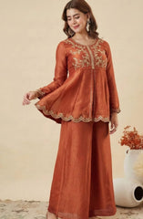 Mustard Georgette Peplum Sharara Set with Silver Zari Embroidery