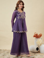 Mustard Georgette Peplum Sharara Set with Silver Zari Embroidery