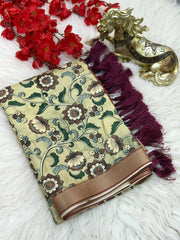 Soft Silk Saree with Kalamkari Floral Prints & Golden Tassels