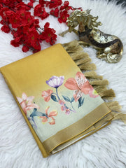 Soft Silk Saree with Kalamkari Floral Prints & Golden Tassels