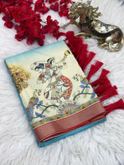 Soft Silk Saree with Kalamkari Floral Prints & Golden Tassels