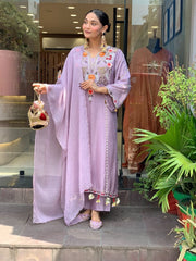Lavender Silk Chanderi Kurta Set with Floral Embroidery & Shell Hangings