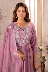 Dusty Rose Pleated Anarkali Set with Mirror Work Embroidery