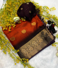 Rust Orange & Coffee Brown Banarasi Silk Saree with Peacock Butti