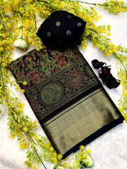 Midnight Black Soft Silk Saree with Madhubani Art Prints & Antique Zari Border