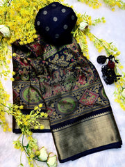 Midnight Black Soft Silk Saree with Madhubani Art Prints & Antique Zari Border