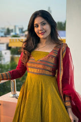 Mustard Gold Handloom Anarkali Gown with Maroon Banarasi Borders