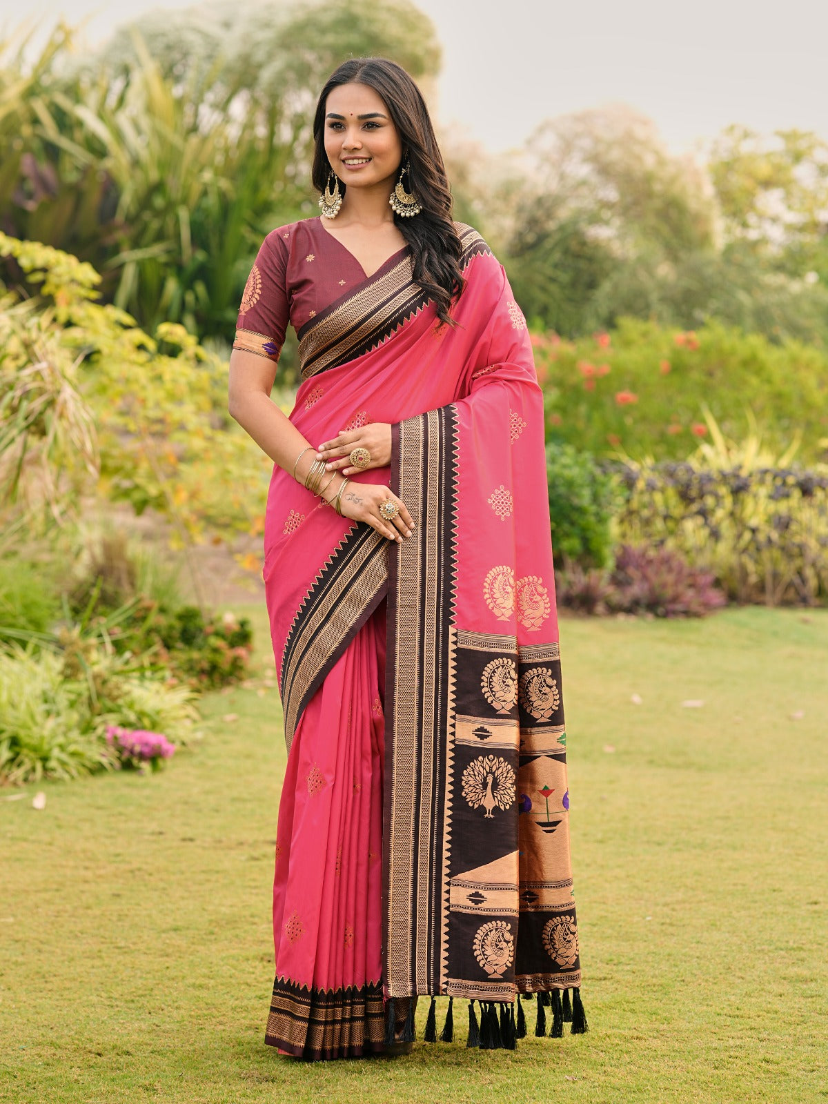Pink Banarasi Silk Saree with Peacock Motif Pallu