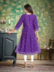 Royal Purple Bandhani Print A-Line Kurta with Peacock Embroidery