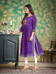 Royal Purple Bandhani Print A-Line Kurta with Peacock Embroidery