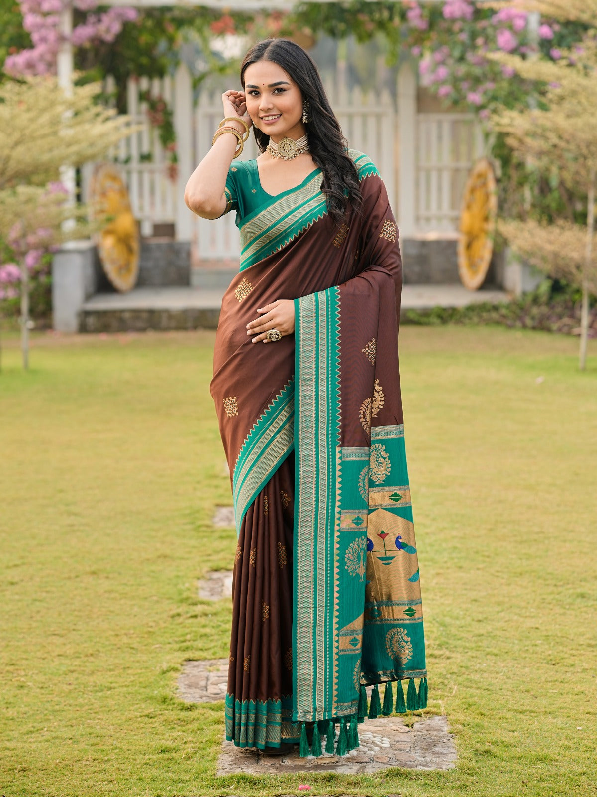Chocolate Brown & Teal Banarasi Silk Saree with Traditional Peacock Pallu