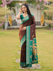 Chocolate Brown & Teal Banarasi Silk Saree with Traditional Peacock Pallu