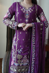 Grape Wine Georgette Sharara Set with Vibrant Floral Resham Work
