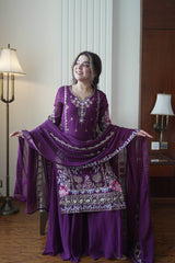 Grape Wine Georgette Sharara Set with Vibrant Floral Resham Work