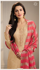 Champagne Gold Silk Jacquard Kurta Set with Striped Organza Dupatta