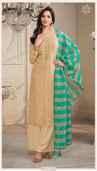 Champagne Gold Silk Jacquard Kurta Set with Striped Organza Dupatta