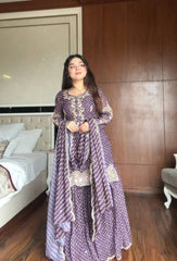Deep Mauve Bandhani Print Sharara Set with Gota Patti & Zardosi Work