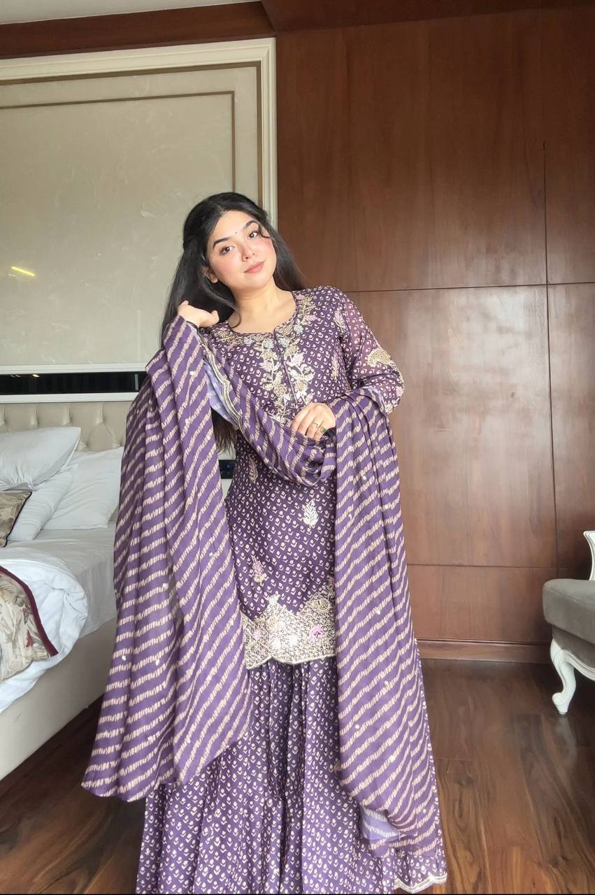 Deep Mauve Bandhani Print Sharara Set with Gota Patti & Zardosi Work
