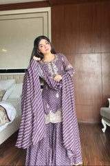 Deep Mauve Bandhani Print Sharara Set with Gota Patti & Zardosi Work