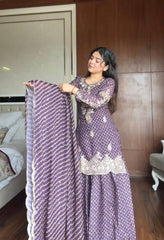 Deep Mauve Bandhani Print Sharara Set with Gota Patti & Zardosi Work