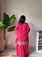 Rani Pink Bandhani Print Sharara Set with Gota Patti & Zardosi Work