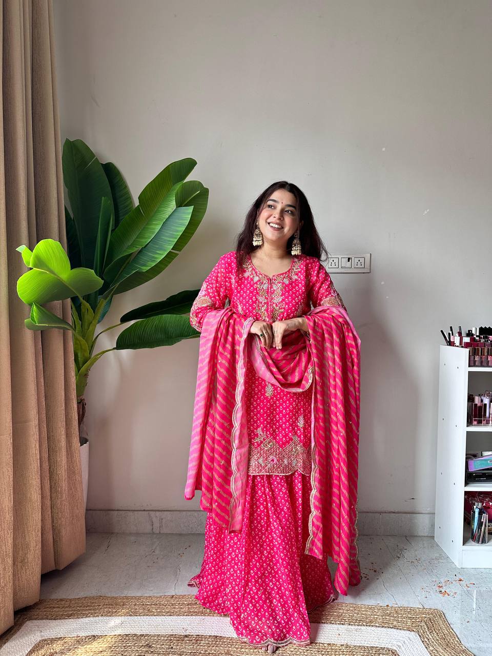 Rani Pink Bandhani Print Sharara Set with Gota Patti & Zardosi Work