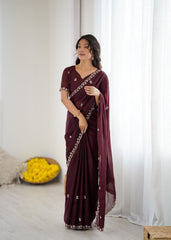 Deep Plum Georgette Saree with Delicate Floral Embroidery
