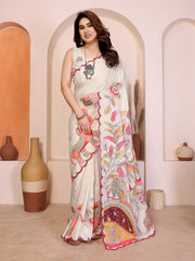 Off-White Silk Saree with Kalamkari Inspired Prints & Scalloped Border