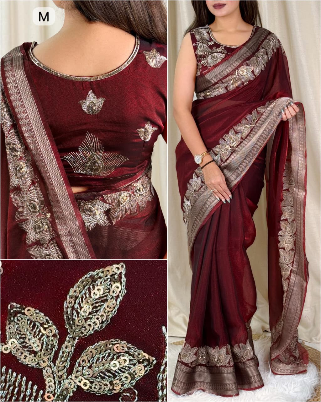 Deep Wine Organza Saree with Sequin Floral Embroidery