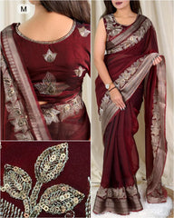 Deep Wine Organza Saree with Sequin Floral Embroidery