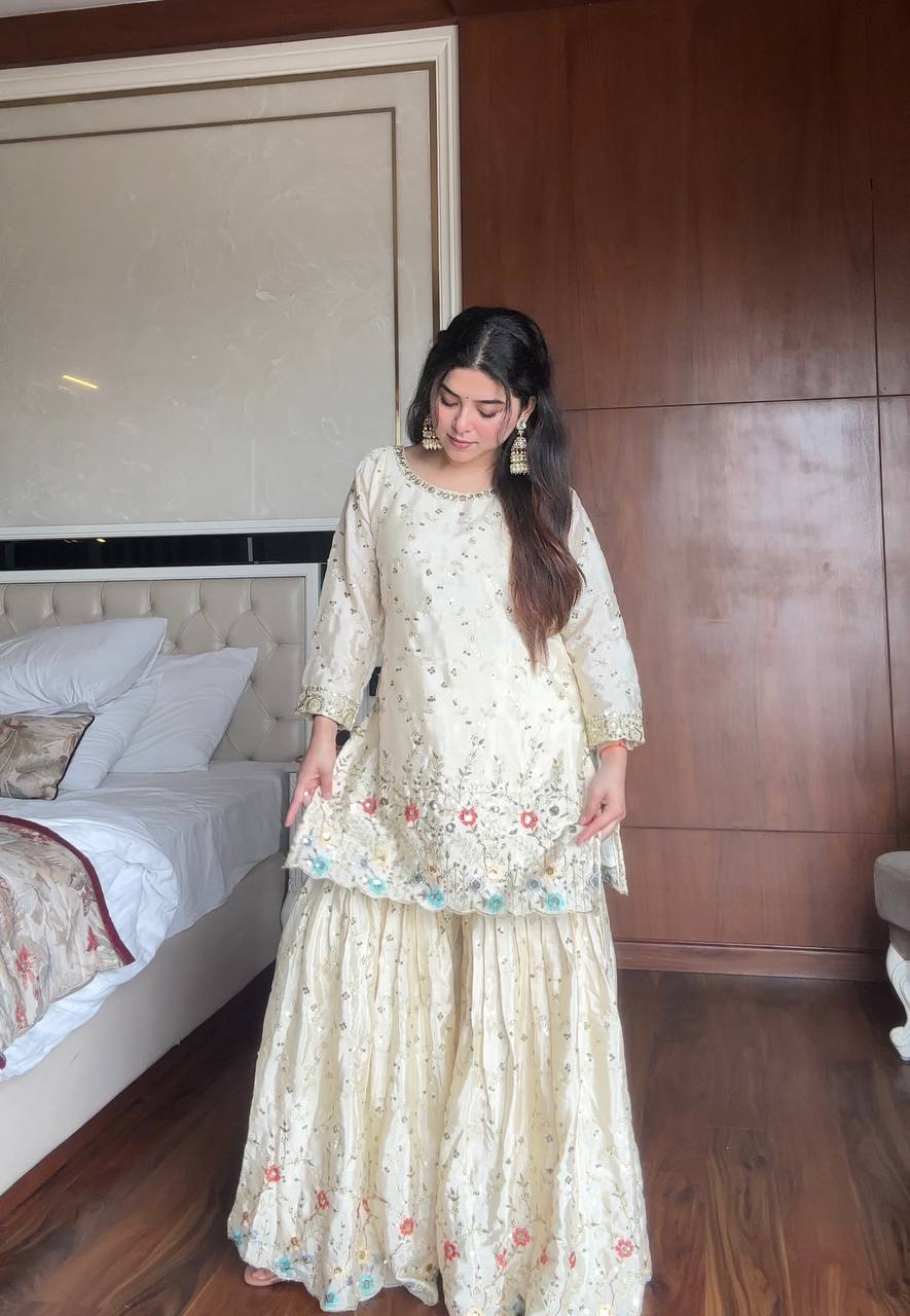 Ivory Silk Chanderi Sharara Set with Pastel Floral Resham & Zardosi Work